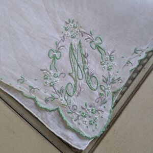 Embroidered Handkerchief with Green Floral Design, Wedding, Baby/ Bridal Shower